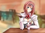  1girl aqua_eyes ark_royal_(kantai_collection) bangs blunt_bangs blurry blurry_background blush bob_cut chair cleavage_cutout corset elbows_on_table fingerless_gloves food food_in_mouth gloves ice_cream jacket kantai_collection long_sleeves looking_at_viewer neo_(tyottama) red_ribbon redhead ribbon short_hair sitting solo spoon tiara white_jacket 