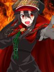  1girl black_hair black_pants demon_archer fate_(series) fire green_ribbon hair_between_eyes highres long_hair open_mouth pants red_eyes ribbon sena_kizahashi solo standing uniform 