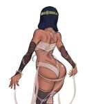  1girl absurdres ass back bandage bare_shoulders blue_hair bob_cut bracelet dark_skin egyptian fingerless_gloves from_behind gloves highres hips jewelry menat mummy naked_bandage ragecndy short_hair simple_background single_thighhigh solo street_fighter street_fighter_v thigh-highs tiara white_background 