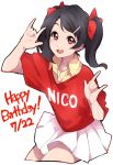  1girl :d \m/ bangs black_hair bow character_name cowboy_shot dated dot_nose double_\m/ hair_bow hair_ornament hairclip happy_birthday love_live! love_live!_school_idol_project medium_hair open_mouth pleated_skirt red_eyes red_shirt sekina shirt short_sleeves simple_background skirt smile solo standing swept_bangs twintails white_background white_skirt yazawa_nico 