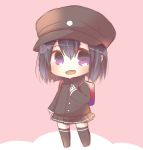  1girl akitsu_maru_(kantai_collection) backpack bag black_hair black_hat black_skirt chibi full_body hand_on_own_chest hat kantai_collection kouu_hiyoyo military military_hat military_uniform pale_skin peaked_cap pink_background pleated_skirt randoseru short_hair simple_background skirt solo standing thigh-highs uniform violet_eyes 