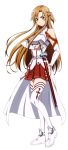  1girl asuna_(sao) breastaplte brown_eyes brown_hair detached_sleeves floating_hair full_body highres holding_sord long_hair miniskirt pleated_skirt red_skirt sheath sheathed simple_background skirt solo standing sword_art_online thigh-highs white_background white_legwear zettai_ryouiki 