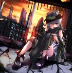  1girl assault_rifle black_shorts blue_hair blush broken_glass chocolate_bar closed_mouth clouds dutch_angle eating eyebrows_visible_through_hair flat_cap food full_body g11 g11_(girls_frontline) girls_frontline glass green_hat green_jacket gun hair_between_eyes hat head_tilt holding holding_food indoors jacket knee_pads long_hair looking_at_viewer off_shoulder rifle roon scarf shirt shoes shorts sitting sky solo sunset untied_shoes very_long_hair weapon white_shirt yellow_eyes 