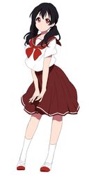  1girl alternate_hairstyle black_hair closed_mouth dot_nose full_body long_hair looking_at_viewer love_live! love_live!_school_idol_project neckerchief pleated_skirt red_eyes red_neckerchief red_sailor_collar red_shoes red_skirt sailor_collar school_uniform sekina serafuku shirt shoes short_sleeves simple_background skirt socks solo standing white_background white_legwear white_shirt yazawa_nico 