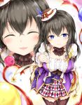  1girl black_hair blue_eyes blush breasts closed_eyes dress expressions hat idolmaster idolmaster_cinderella_girls idolmaster_cinderella_girls_starlight_stage ikasoke_(likerm6au) large_breasts long_hair looking_at_viewer mini_hat puffy_short_sleeves puffy_sleeves sagisawa_fumika short_sleeves showtime_illusion smile solo thigh-highs wrist_cuffs 