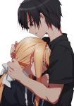  1boy 1girl alice_schuberg black_eyes black_hair black_shirt blonde_hair blue_eyes hair_between_eyes hair_ribbon highres hug kirito long_hair ribbon shirt short_sleeves simple_background sword_art_online white_background white_ribbon yoru_kiri 