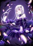  1girl black_boots black_dress boots breasts butterfly_hair_ornament choker cleavage detached_sleeves dress emilia_(re:zero) floating_hair hair_ornament high_heel_boots high_heels long_hair medium_breasts pointy_ears priyaphr re:zero_kara_hajimeru_isekai_seikatsu red_eyes short_dress silver_hair sitting sleeveless sleeveless_dress smile solo strapless strapless_dress thigh-highs thigh_boots very_long_hair white_skin 