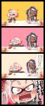  +_+ 2girls 4koma absurdres alternate_costume asymmetrical_hair bespectacled blush cephalopod_eyes closed_eyes comic crop_top crossover crown crying crying_with_eyes_open dark_skin domino_mask drinking drinking_straw eating emphasis_lines eyebrows face fangs food french_fries glasses green_eyes headphones highres hime_(splatoon) holding holding_food hood hood_down hoodie iida_(splatoon) long_hair long_sleeves looking_at_another mask mcdonald&#039;s mole mole_under_mouth multiple_girls octarian one_eye_closed open_clothes open_hoodie open_mouth orange_eyes outstretched_arm pink_hair pink_pupils purple_hair reaching semi-rimless_glasses short_hair short_sleeves smile splatoon splatoon_2 suction_cups suika_(blueberry998) table tears tentacle_hair translation_request trembling under-rim_glasses upper_body zipper_pull_tab 