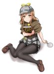  1girl black_legwear blush book bow brown_eyes brown_hair brown_shoes capelet deerstalker detective hat hat_bow highres holding holding_book knees_together_feet_apart kunikida_hanamaru loafers love_live! love_live!_sunshine!! magnifying_glass necktie pantyhose plaid plaid_hat plaid_skirt shoes sitting skirt solo white_background yellow_necktie yopparai_oni 
