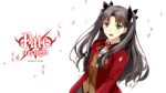  1girl 2016 :d black_ribbon blue_eyes brown_hair character_name dated eyebrows_visible_through_hair fate_(series) hair_ribbon long_hair looking_at_viewer neck_ribbon open_mouth red_ribbon ribbon simple_background smile solo standing tohsaka_rin twintails very_long_hair white_background 