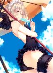  1girl amami_mikihiro artoria_pendragon_(all) artoria_pendragon_(swimsuit_rider_alter)_(fate) ass bare_back black_swimsuit blonde_hair blue_sky braid closed_mouth clouds day eating fate/grand_order fate_(series) food frills highres leg_garter maid_headdress one-piece_swimsuit parasol popsicle saber_alter short_hair sky solo swimsuit umbrella yellow_eyes 