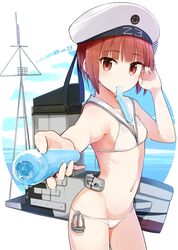  1girl 2017 bangs beret bikini blunt_bangs eyebrows_visible_through_hair hat highres kantai_collection looking_at_viewer mouth_hold navel outstretched_arm red_eyes redhead sailor_bikini sailor_collar short_hair side-tie_bikini solo sweat swimsuit white_background white_bikini white_hat yopan_danshaku z3_max_schultz_(kantai_collection) 