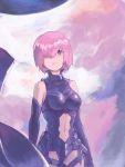  1girl armor armored_dress bare_shoulders black_dress black_gloves breasts cowboy_shot dress elbow_gloves fate/grand_order fate_(series) gloves hair_over_one_eye lavender_hair looking_at_viewer medium_breasts navel parted_lips quentin_lecuiller shield shielder_(fate/grand_order) short_hair solo stomach violet_eyes 