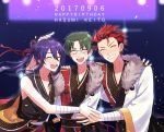  3boys akatsuki_(ensemble_stars!) bandage bare_shoulders ensemble_stars! fur_trim glasses green_hair group_hug happy_birthday hasumi_keito highres hug japanese_clothes kanzaki_souma kiryuu_kurou long_hair male_focus multicolored_hair multiple_boys ponytail purple_hair redhead short_hair smile sword weapon 