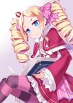  1girl beatrice_(re:zero) blonde_hair blue_eyes book butterfly-shaped_pupils crown drill_hair highres long_hair mini_crown quill re:zero_kara_hajimeru_isekai_seikatsu reading solo striped striped_legwear twin_drills twintails yukiyaii 