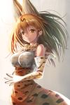  1girl animal_ears bare_shoulders blonde_hair bow bowtie breasts closed_mouth cowboy_shot elbow_gloves fingers_together floating_hair gloves gradient gradient_background hair_between_eyes high-waist_skirt highres kemono_friends large_breasts lips long_hair matokechi serval_(kemono_friends) serval_ears serval_print skirt slit_pupils smile solo yellow_eyes 