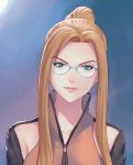  1girl blonde_hair blue_background blue_eyes close-up closed_mouth collarbone commentary face fateline_alpha female final_fantasy final_fantasy_viii glasses hair_bun high_collar highres jacket lips long_hair looking_at_viewer pink_lips quistis_trepe sidelocks smile solo zipper 