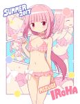  1girl 2017 bikini character_name cowboy_shot double_braid frilled_bikini frills gecchu highres long_hair lowleg lowleg_bikini magia_record:_mahou_shoujo_madoka_magica_gaiden mahou_shoujo_madoka_magica multiple_views pink_bikini pink_eyes pink_hair striped striped_bikini swimsuit tamaki_iroha zoom_layer 