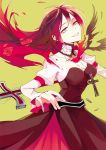  1girl alternate_costume alternate_hairstyle alternate_universe cape_removed corset cross flower grey_eyes kuma_(bloodycolor) long_hair redhead rosary rose ruby_rose rwby solo 