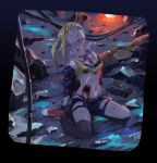  1girl 2017 black_bra black_legwear black_shorts blonde_hair blood blood_from_mouth blood_on_face blue_eyes bra breasts cable choker comand3 commentary crying crying_with_eyes_open dated eyepatch fire full_body girls_frontline gun gunshot_wound hair_between_eyes looking_up magazine_(weapon) medium_breasts navel night number on_ground outdoors parted_lips rain red_shoes rock shirt shoes shorts signature single_thighhigh sitting skorpion_vz._61 solo submachine_gun tears thigh-highs torn_clothes torn_shirt twintails underwear vz.61_(girls_frontline) wariza weapon wet 
