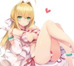  1girl ahoge bead_anklet bead_bracelet beads bikini blonde_hair blush bracelet breasts closed_mouth eyebrows_visible_through_hair fate/grand_order fate_(series) green_eyes heart jewelry legs long_hair looking_at_viewer medium_breasts nero_claudius_(swimsuit_caster)_(fate) saber_extra side-tie_bikini simple_background smile solo striped striped_bikini swimsuit white_background yuzu-aki 