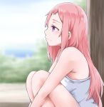  1girl aguri_(gamers!) blurry breasts camisole closed_mouth clouds depth_of_field from_side gamers! highres leg_hug long_hair medium_breasts outdoors pink_hair profile shirt sideways_mouth sitting sky sleeveless sleeveless_shirt smile solo very_long_hair violet_eyes white_shirt wing_(aiastor) 