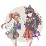  2girls absurdres black_hair blake_belladonna blue_eyes book bow brown_hair dark_skin hair_bow highres iesupa ilia_amitola multiple_girls ponytail rwby school_uniform smile spots yellow_eyes 