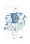  1girl blue_eyes blue_jacket border commentary_request floral_background flower from_behind full_body hair_between_eyes highres jacket looking_at_viewer looking_back shirt shoes short_hair solo standing undressing usada_(usd614) white_hair white_shirt white_shoes 