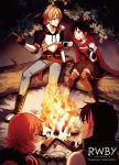  2boys 2girls alternate_costume campfire camping cape commentary_request highres jaune_arc kuma_(bloodycolor) lie_ren multiple_boys multiple_girls nora_valkyrie official_art ruby_rose rwby 
