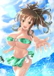  absurdres asuka_(senran_kagura) bad_hands bare_shoulders bikini bikini_skirt breasts brown_eyes clouds cloudy_sky collarbone green_bikini groin highres large_breasts long_hair looking_at_viewer navel o-ring_bikini o-ring_top palm_tree ponytail pyonpyonmaru raised_eyebrows reaching_out round_teeth senran_kagura senran_kagura_(series) skindentation sky smile splashing swimsuit teeth thighs tree water 