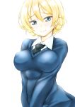  1girl bangs biting black_necktie blonde_hair blue_eyes blue_sweater blush braid breasts closed_mouth darjeeling dress_shirt eyebrows_visible_through_hair girls_und_panzer light_smile lip_biting long_sleeves medium_breasts necktie school_uniform shiromitsu_suzaku shirt short_hair simple_background solo st._gloriana&#039;s_military_uniform standing sweat sweater tied_hair twin_braids upper_body v-neck white_background white_shirt 