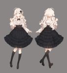  1girl ahoge bangs black_legwear black_shoes black_skirt blue_eyes blunt_bangs blush frilled_skirt frills full_body grey_background hand_up highres long_hair long_sleeves looking_at_viewer multiple_views ribbon shirt shoes skirt smile socks ssukguk standing white_hair white_shirt 