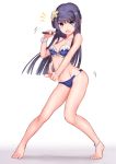  1girl absurdres barefoot bikini black_hair blue_bikini blue_eyes breasts full_body gundam00uc highres idolmaster idolmaster_million_live! index_finger_raised long_hair medium_breasts microphone mogami_shizuka pose simple_background solo standing striped striped_bikini swimsuit white_background 