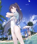  1girl 2boys beach_umbrella black_eyes black_hair blue_shirt casual_one-piece_swimsuit clouds cowboy_shot day dutch_angle long_hair male_swimwear multiple_boys one-piece_swimsuit original outdoors palm_tree ponytail shirt shirt_lift sky solo_focus standing swim_briefs swim_trunks swimsuit swimwear tree umbrella white_swimsuit yuugen 