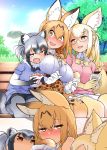  3girls alternate_hairstyle animal_ears bangs bench bespectacled black_bow black_bowtie black_gloves black_hair blonde_hair blush bow bowtie breasts brown_eyes common_raccoon_(kemono_friends) day elbow_gloves fennec_(kemono_friends) food fox_ears glasses gloves high-waist_skirt highres holding holding_food hug japari_bun kemono_friends kemonomimi_mode l8poushou large_breasts long_hair multicolored_hair multiple_girls outdoors ponytail raccoon_ears raccoon_tail serval_(kemono_friends) serval_ears silver_hair sitting skirt smile sweat tail white_gloves yellow_bow yellow_bowtie 