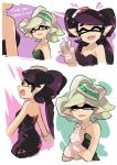  +_+ 2girls :d aori_(splatoon) black_dress black_hair black_jumpsuit brown_eyes closed_eyes closed_mouth cousins detached_collar domino_mask dress earrings english facing_viewer fangs food food_on_head from_side gloves grey_hair hotaru_(splatoon) jewelry light_smile long_hair looking_at_another mask mole mole_under_eye multiple_girls music object_on_head one_eye_closed open_mouth parted_lips pointy_ears short_hair singing smile splatoon standing strapless strapless_dress sushi tentacle_hair white_gloves wong_ying_chee 