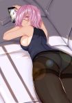  1girl ass black-framed_eyewear black_legwear breasts cellphone essa_sazhka fate/grand_order fate_(series) glasses granblue_fantasy hair_over_one_eye highres looking_at_viewer looking_back lying medium_breasts on_stomach panties panties_under_pantyhose pantyhose phone pink_hair shielder_(fate/grand_order) short_hair sideboob sleeveless solo underwear violet_eyes 