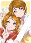  2girls bangs blush brown_hair closed_mouth eyebrows_visible_through_hair koizumi_hanayo koizumi_hanayo&#039;s_mother long_sleeves looking_at_viewer love_live! love_live!_school_idol_project multiple_girls red_shirt sekina shirt short_hair smile swept_bangs v violet_eyes white_shirt yellow_background 