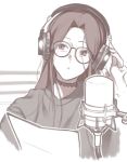  1girl brown_eyes brown_hair choker commentary_request fingernails hand_on_headphones headphones idolmaster idolmaster_cinderella_girls k52 lace_choker long_hair looking_away microphone muted_color paper portrait solo studio_microphone zaizen_tokiko 