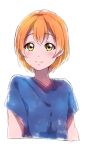  1girl bangs blue_shirt blush closed_mouth dot_nose eyebrows_visible_through_hair green_eyes hoshizora_rin looking_at_viewer love_live! love_live!_school_idol_project orange_hair sekina shirt short_hair short_sleeves simple_background smile solo upper_body white_background 