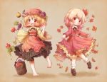  2girls aki_minoriko aki_shizuha apple apron arinu autumn_leaves bangs bare_legs barefoot black_skirt blonde_hair brown_background brown_shoes bucket commentary_request food fruit grapes hat highres leaf leaf_on_head lifted_by_self long_sleeves looking_at_viewer mob_cap multiple_girls red_eyes red_hat red_skirt ribbon-trimmed_sleeves ribbon_trim shoes siblings sisters skirt skirt_lift skirt_set smile socks touhou white_legwear wide_sleeves 