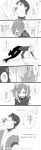  1girl 2boys cellphone comic con_potata greyscale hair_ornament hair_scrunchie highres ice_skates jean-jacques_leroy monochrome multiple_boys nishigoori_axel older open_mouth phone scrunchie skates smartphone smile sweat tears towel towel_around_neck translation_request twintails yuri!!!_on_ice yuri_plisetsky 