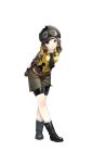  1girl arm_behind_back artist_request bike_shorts black_boots black_eyes boots brown_hair fiona_westbury formation_girls full_body goggles goggles_on_headwear hat highres legs_crossed official_art solo sweat torn_clothes torn_hat transparent_background yellow_vest 