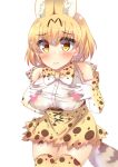  1girl animal_ears animal_print bangs bare_shoulders batten belt blonde_hair blush bow bowtie breasts censored closed_mouth commentary_request cross-laced_clothes elbow_gloves eyebrows_visible_through_hair gloves hair_between_eyes hands_on_own_chest heart heart_censor high-waist_skirt highres kemono_friends large_breasts looking_at_viewer print_bow print_legwear print_skirt serval_(kemono_friends) serval_ears serval_print serval_tail shiny shiny_hair shiny_skin shirt short_hair simple_background skirt sleeveless sleeveless_shirt smile solo standing tail taut_clothes taut_shirt thigh-highs white_background white_shirt yellow_eyes yellow_skirt 