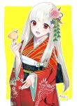  1girl artist_name bird blush cowboy_shot eyebrows_visible_through_hair flower hair_flower hair_ornament hime_cut japanese_clothes kimono looking_at_viewer mo253 obi open_mouth original outside_border red_eyes sash standing two-tone_background white_hair wide_sleeves 