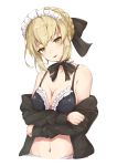  1girl artoria_pendragon_(all) artoria_pendragon_(swimsuit_rider_alter)_(fate) black_bikini_top black_ribbon blonde_hair braid breasts cleavage fate/grand_order fate_(series) hair_ribbon highres hoshimiya_mashiro looking_at_viewer maid maid_bikini maid_headdress medium_breasts navel ribbon saber_alter short_hair simple_background solo white_background yellow_eyes 