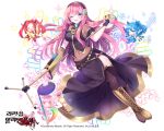  1girl ;d black_legwear black_skirt blue_eyes breasts chocho_(homelessfox) earrings floating_hair full_body holding holding_microphone jewelry long_hair medium_breasts megurine_luka microphone microphone_stand midriff navel one_eye_closed open_mouth pink_hair see-through shiny shiny_skin short_sleeves sideboob skirt smile solo stomach thigh-highs very_long_hair vocaloid 