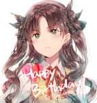  1girl bangs blush bow brown_hair closed_mouth dsmile english eyebrows_visible_through_hair fate/stay_night fate_(series) green_eyes hair_bow happy_birthday long_hair looking_at_viewer school_uniform shirt simple_background solo tohsaka_rin twintails white_background white_shirt 