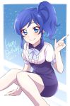  1girl aikatsu! bangs blue_background blue_dress blue_eyes blue_hair blush closed_mouth dated dress feet_out_of_frame happy_birthday index_finger_raised kiriya_aoi knees_together_feet_apart looking_at_viewer pointing puffy_short_sleeves puffy_sleeves sekina shirt short_sleeves side_ponytail sitting smile solo star starry_background white_shirt 