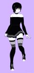 1girl bare_shoulders breasts choker collarbone converse facing_viewer fishnet_legwear fishnets full_body glasses greyscale hair_ornament hairclip high-waist_skirt lipstick makeup monochrome off-shoulder_shirt original purple_background razalor shirt shoes short_hair simple_background skirt small_breasts sneakers solo thigh-highs zettai_ryouiki 